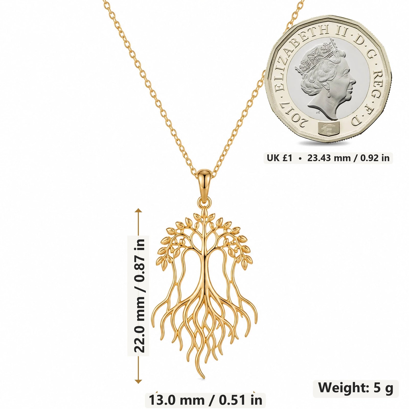 Banyan Flow Roots Tree pendant necklace size image showing 22.0 mm height, 13.0 mm width and 5 g weight
