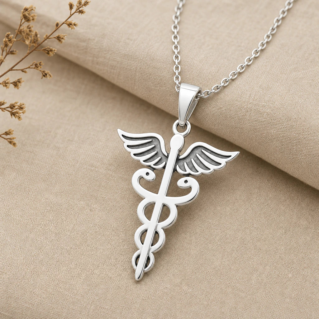 Caduceus Medical Symbol Pendant Necklace in sterling silver