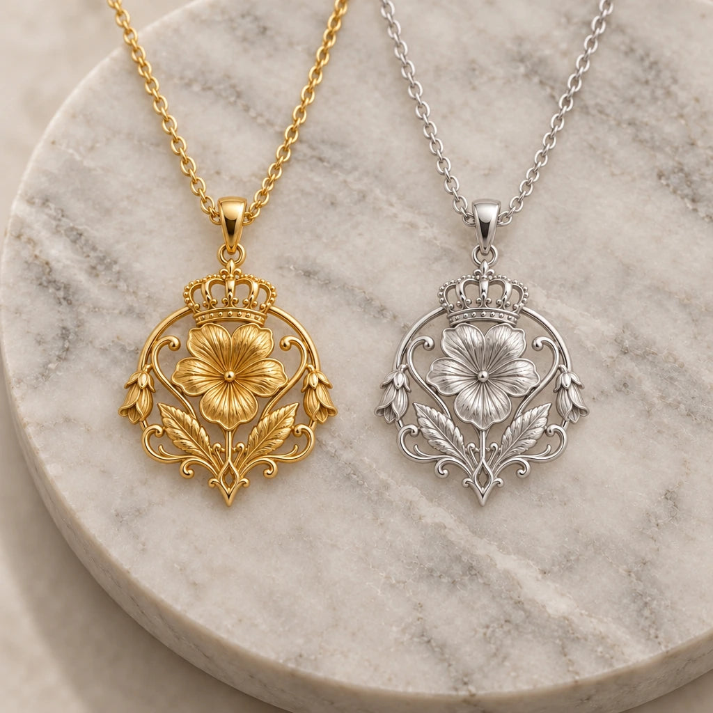 Queen Violet Crest pendant necklace in silver and gold finishes side by side