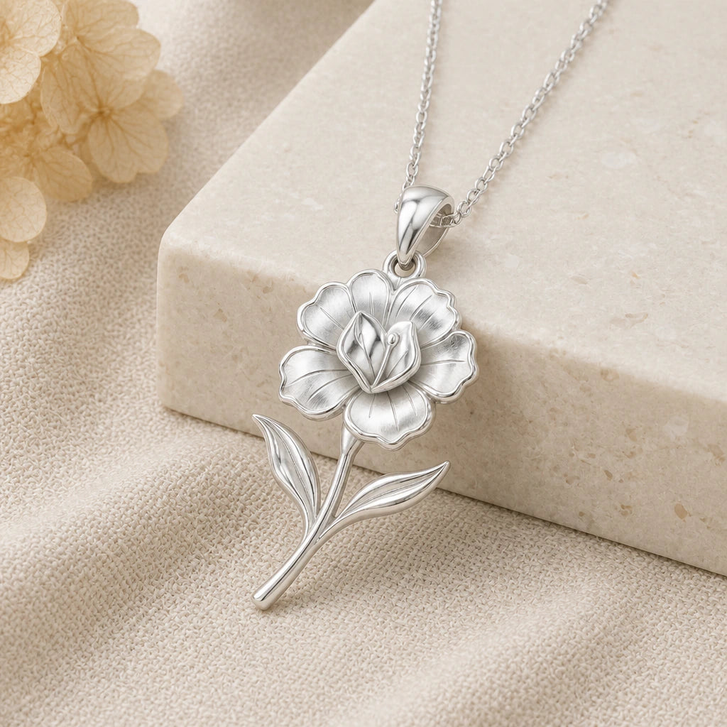 925 sterling silver gloxinia flower pendant necklace on softly folded cream linen