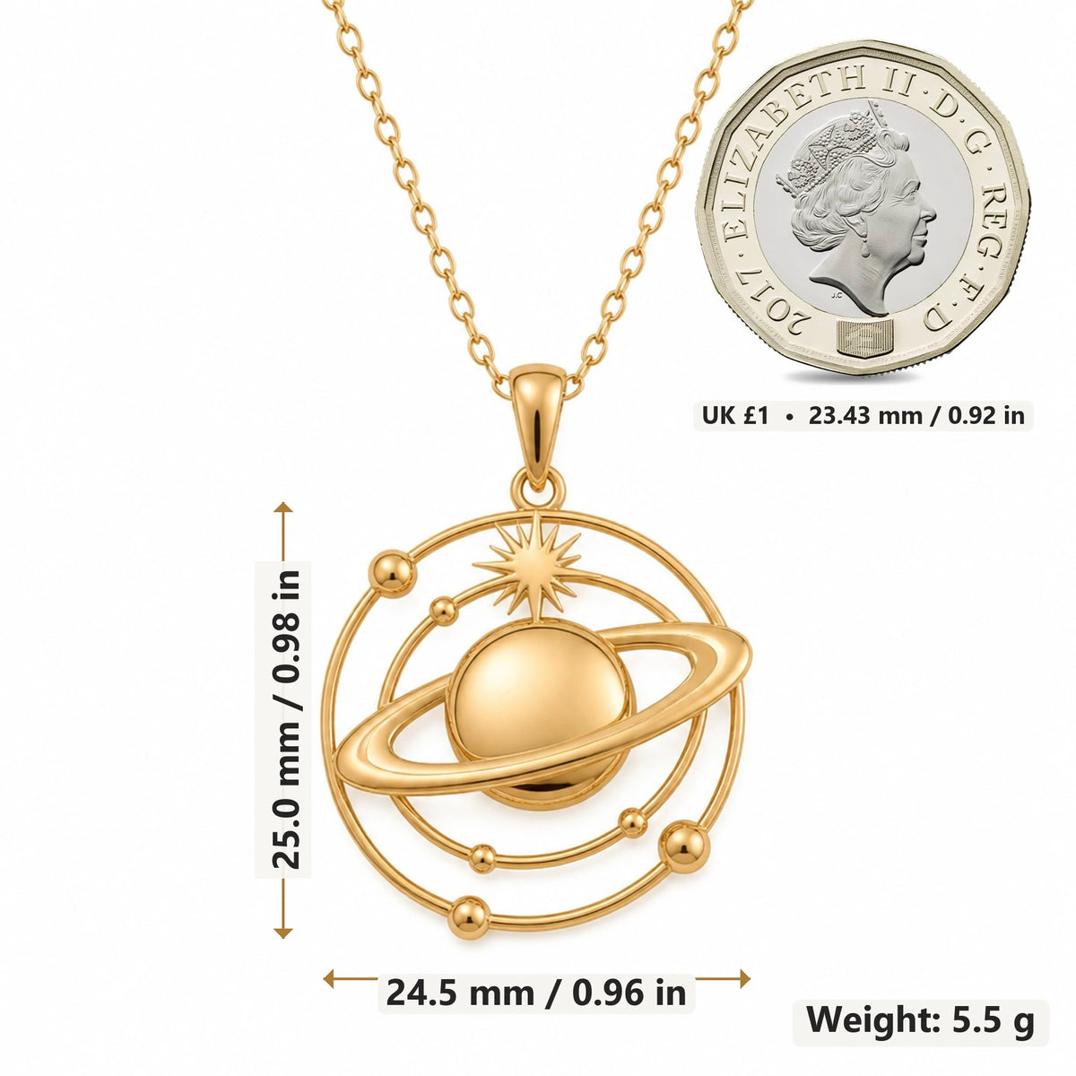 Saturn Orbit pendant necklace size image showing 25.0 mm height, 24.5 mm width and 5.5 g weight