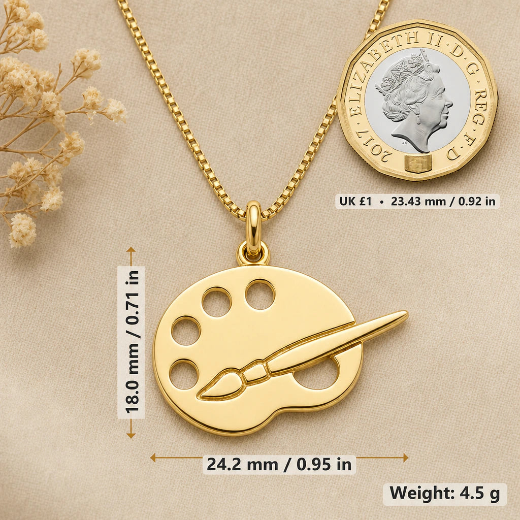 Artist Palette Pendant Necklace size guide, 18 by 24.2 mm