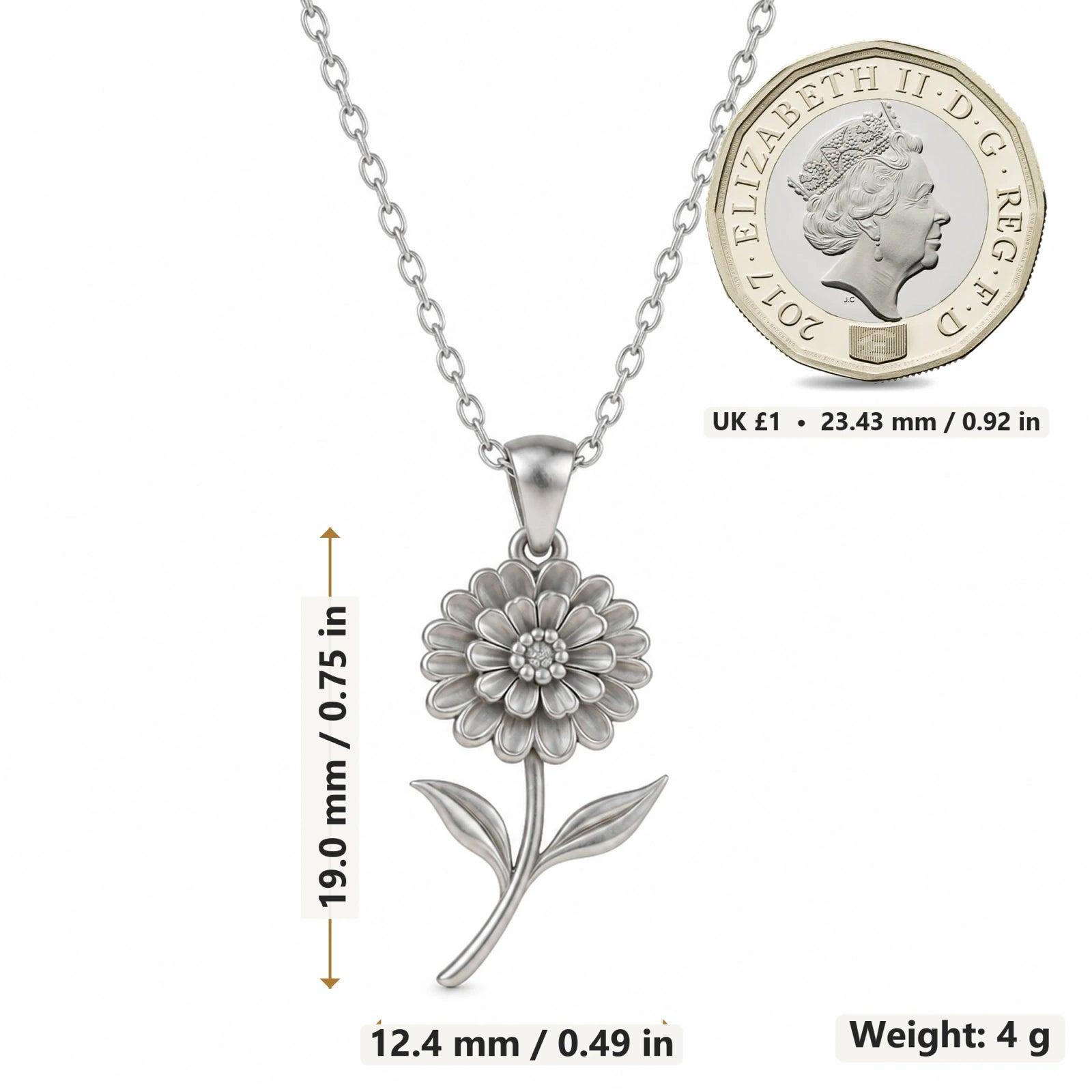 Zinnia Flower pendant necklace size image showing 19 mm height and 12.4 mm width and 4 g weight