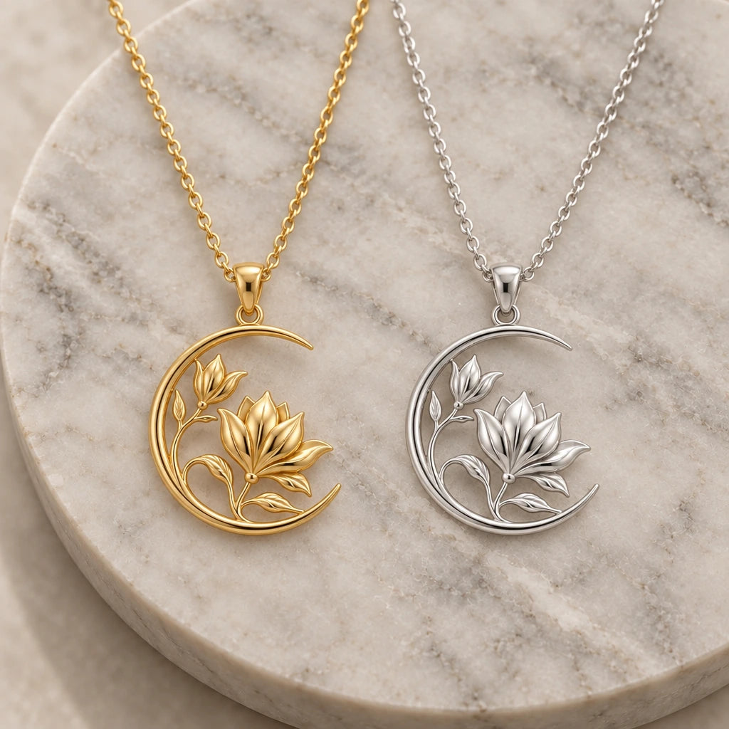 Lunar Magnolia pendant necklace in silver and gold finishes side by side