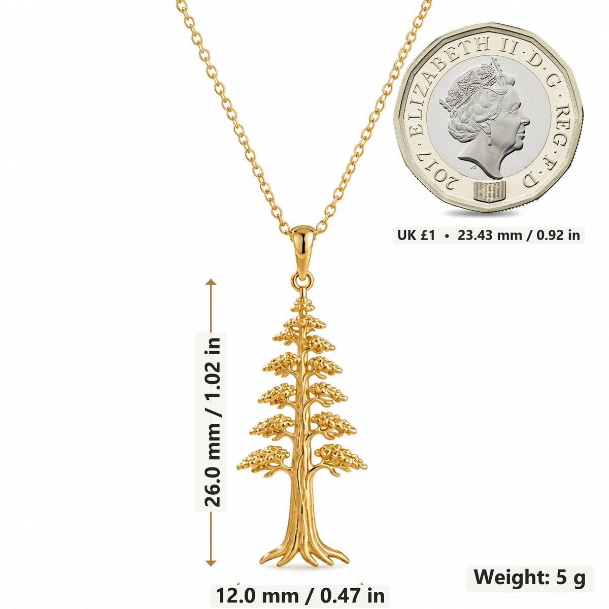 Redwood Spirit Tree pendant necklace size image showing 26.0 mm height, 12.0 mm width and 5 g weight