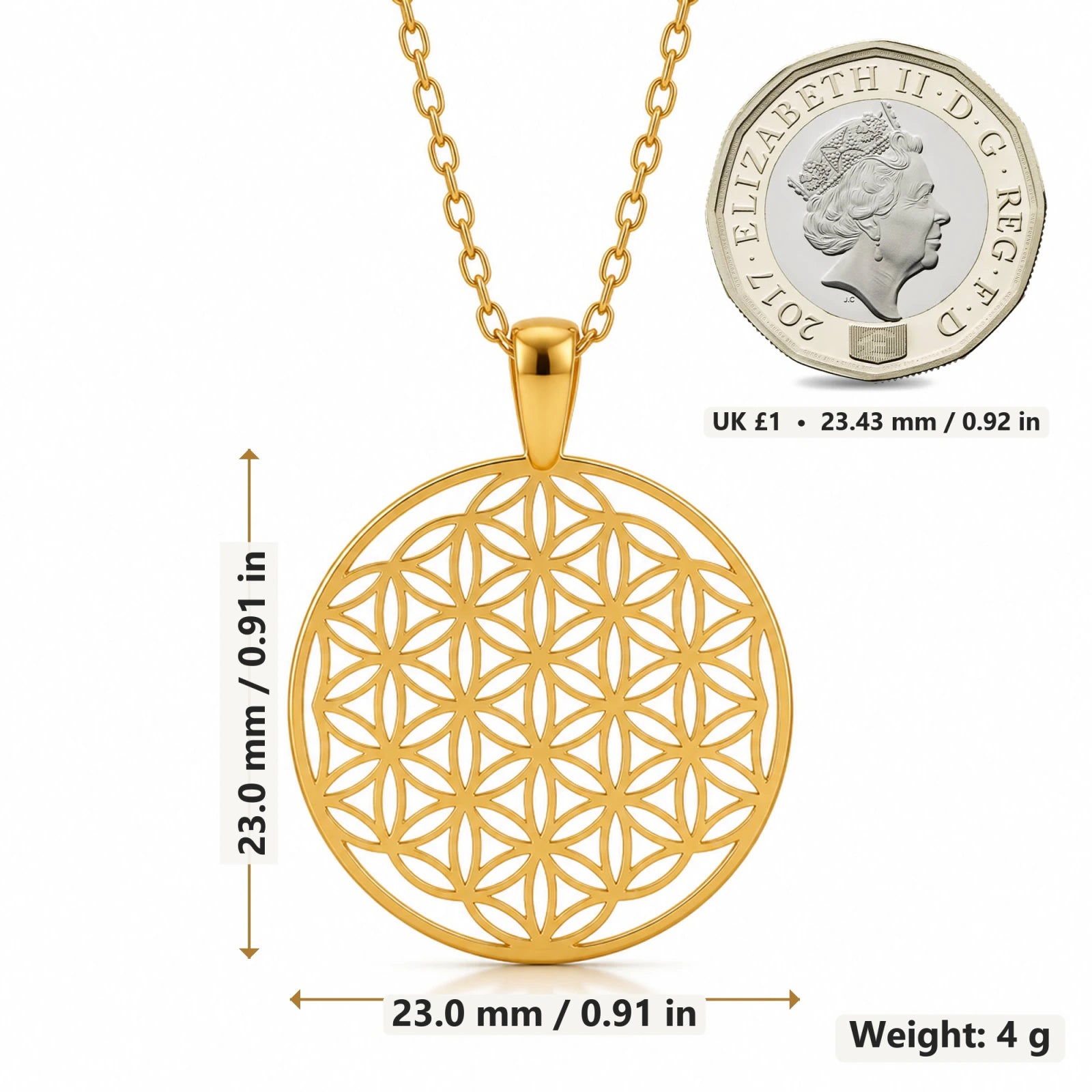 Flower of Life pendant necklace size image showing 23 mm height and 23 mm width and 4 g weight