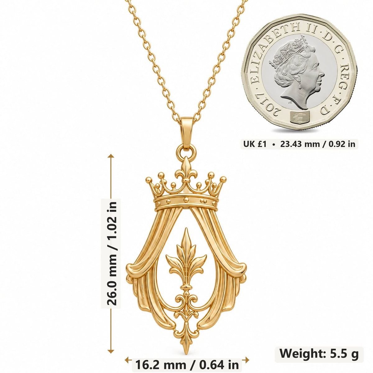 Imperial Crown Veil pendant necklace size image showing 26.0 mm height, 16.2 mm width and 5.5 g weight