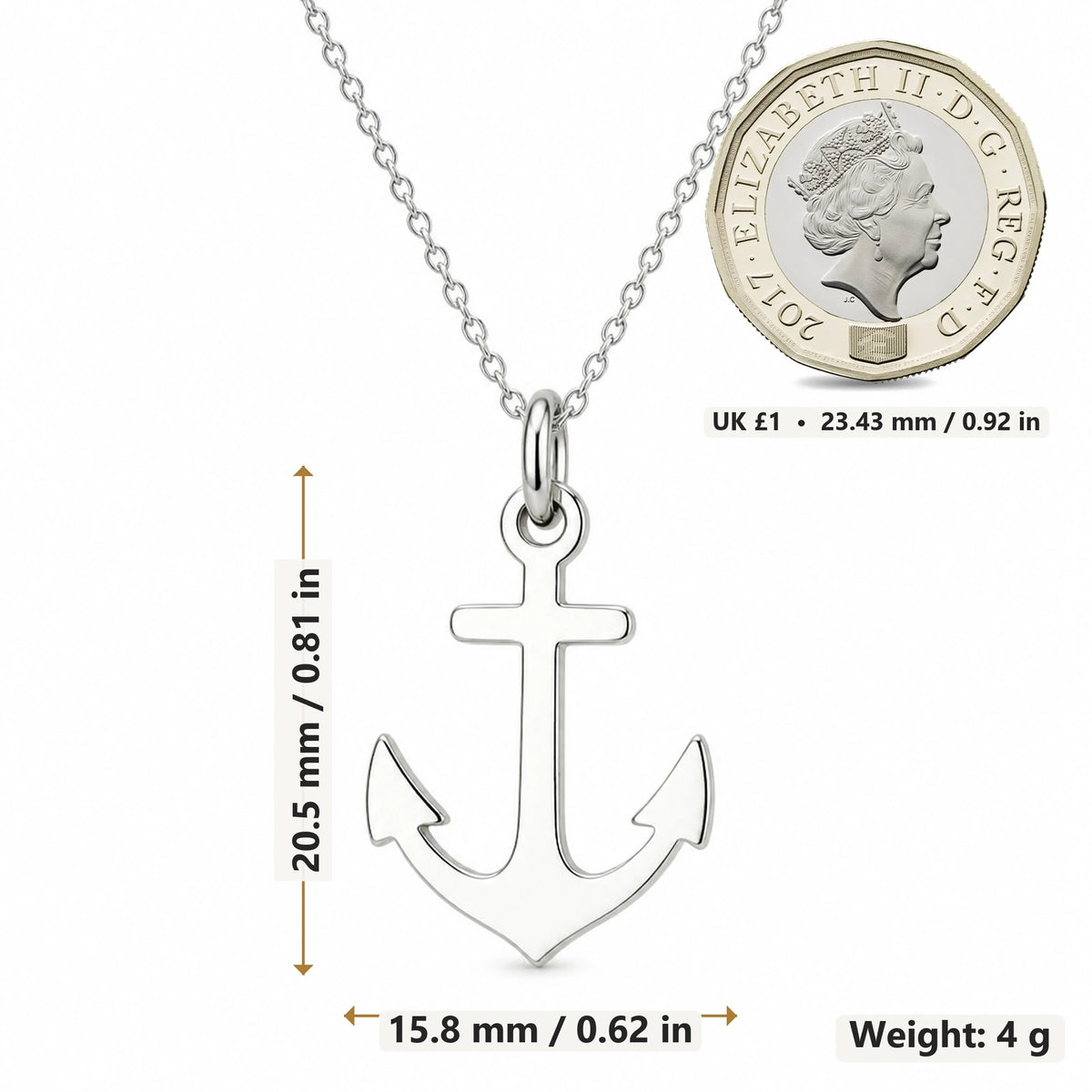 Anchor pendant necklace size image showing 20.5 mm height, 15.8 mm width and 4 g weight