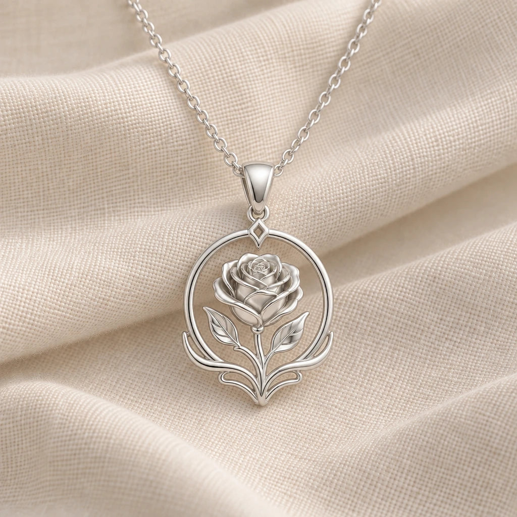 925 sterling silver sacred rose halo pendant necklace on cream fabric