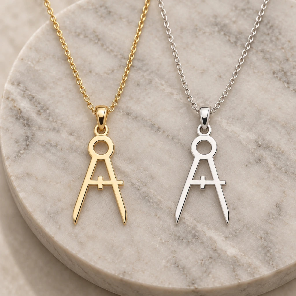 Architect Compass Polished pendant necklace in silver and gold finishes side by side