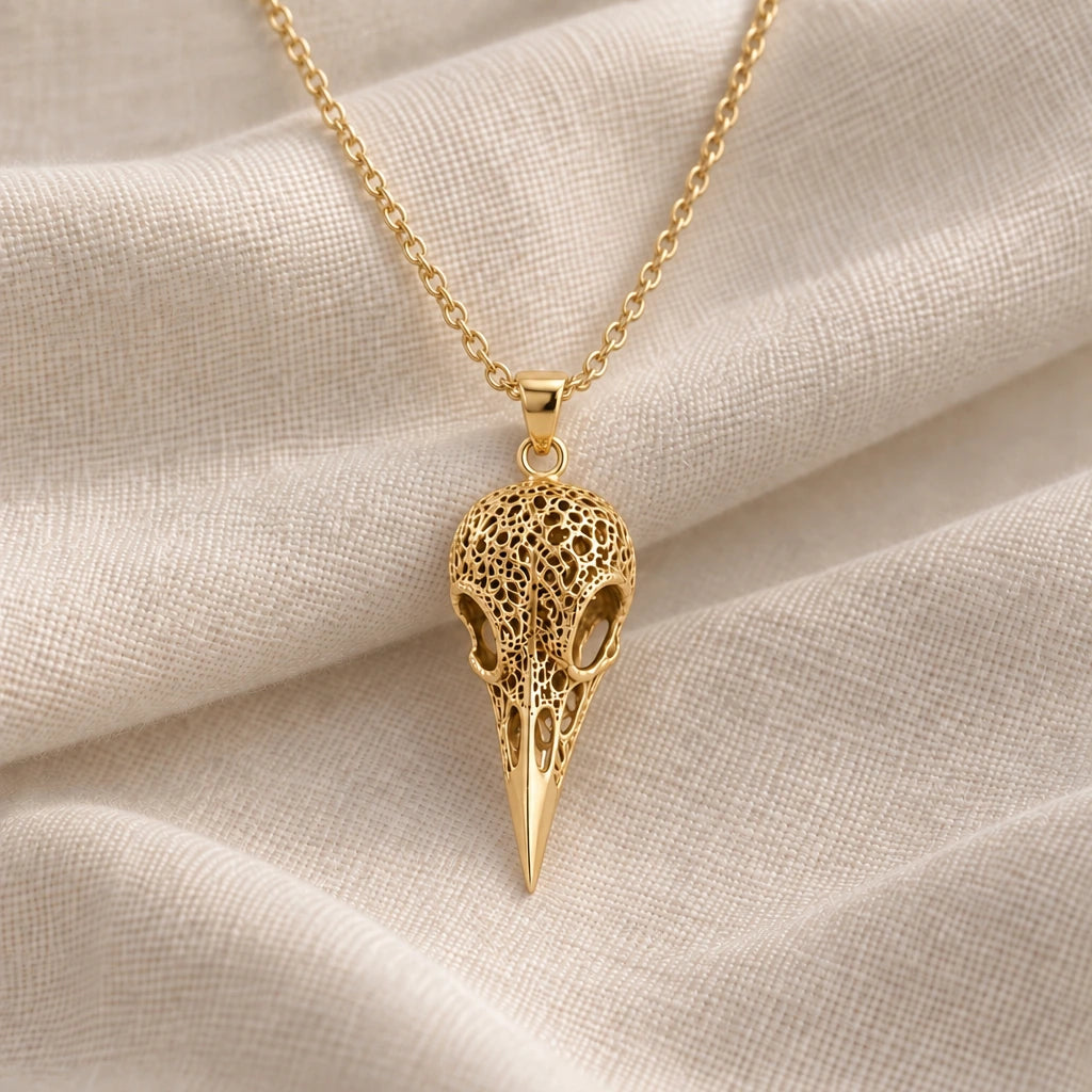 Raven Skull Relic pendant necklace in an 18k gold plated finish