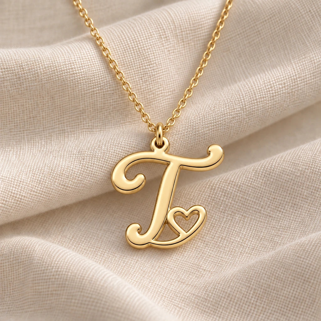 T Initial Heart pendant necklace in a warm gold finish on cream fabric