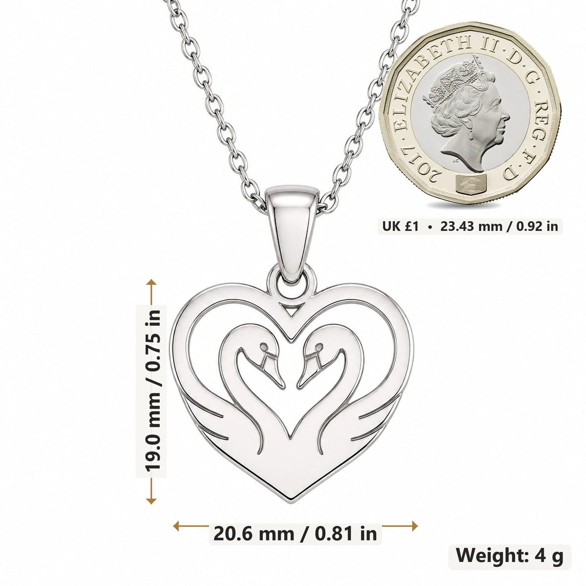 Heart Swan pendant necklace size image showing 19.0 mm height, 20.6 mm width and 4 g weight
