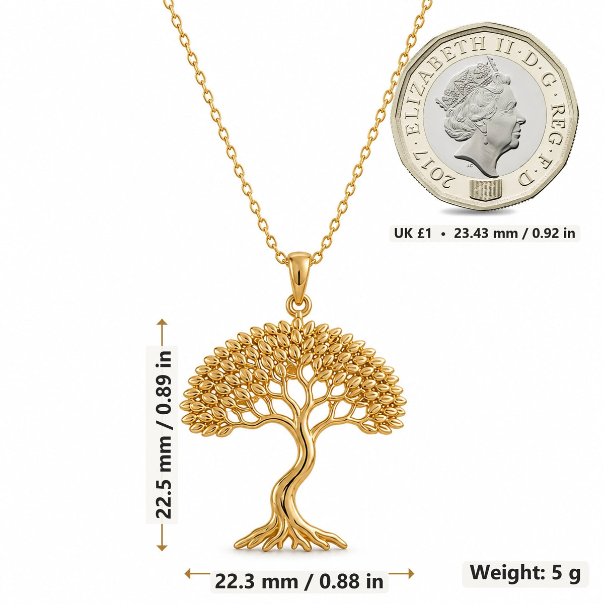 Elm Whisper Tree of Life pendant necklace size image showing 22.5 mm height, 22.3 mm width and 5 g weight