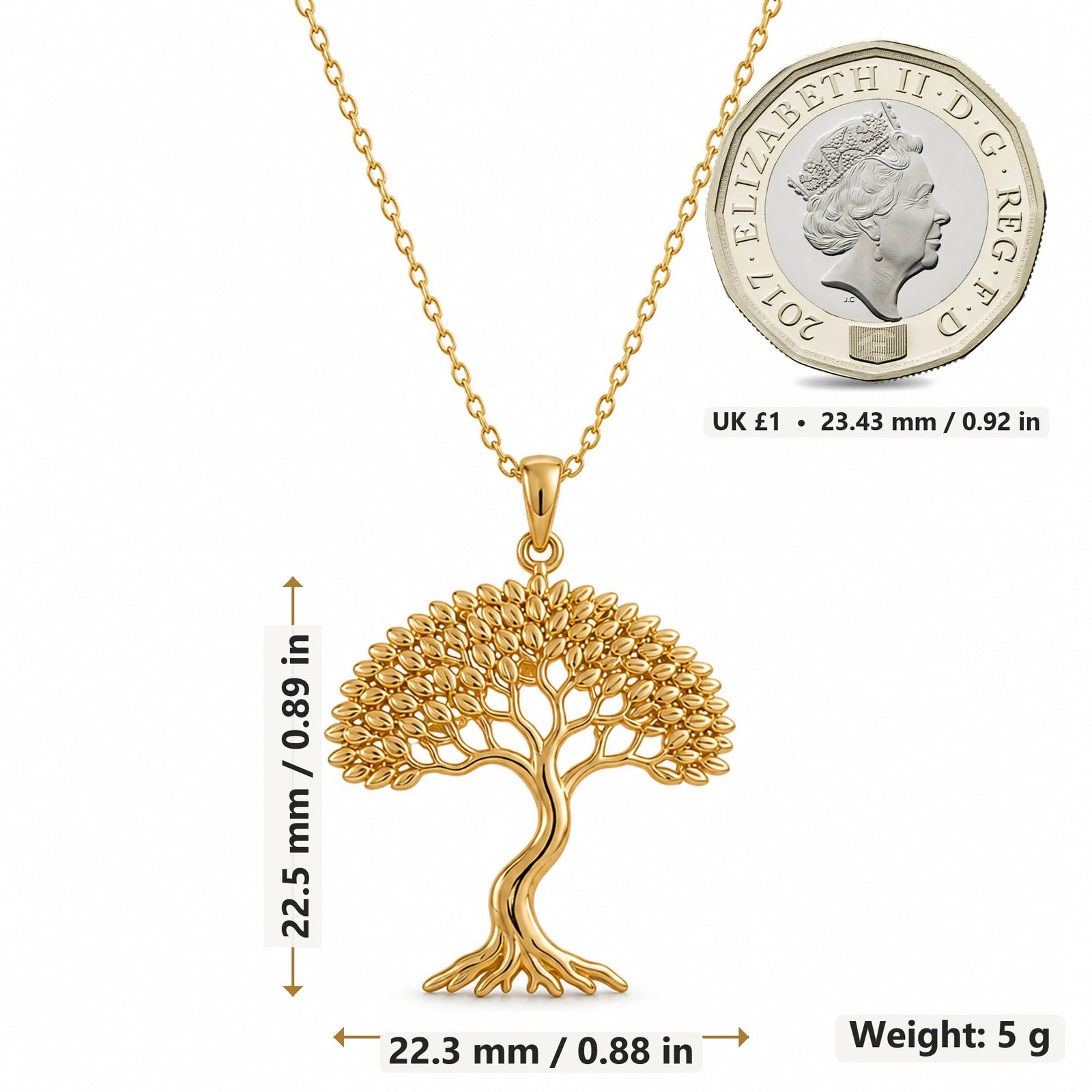 Elm Whisper Tree of Life pendant necklace size image showing 22.5 mm height, 22.3 mm width and 5 g weight