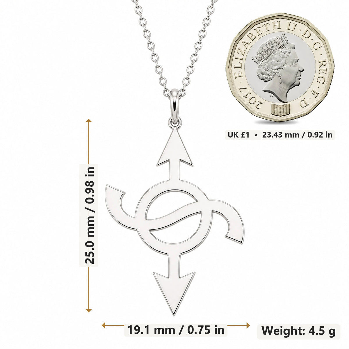 Quasar Symbol pendant necklace size image showing 25.0 mm height, 19.1 mm width and 4.5 g weight