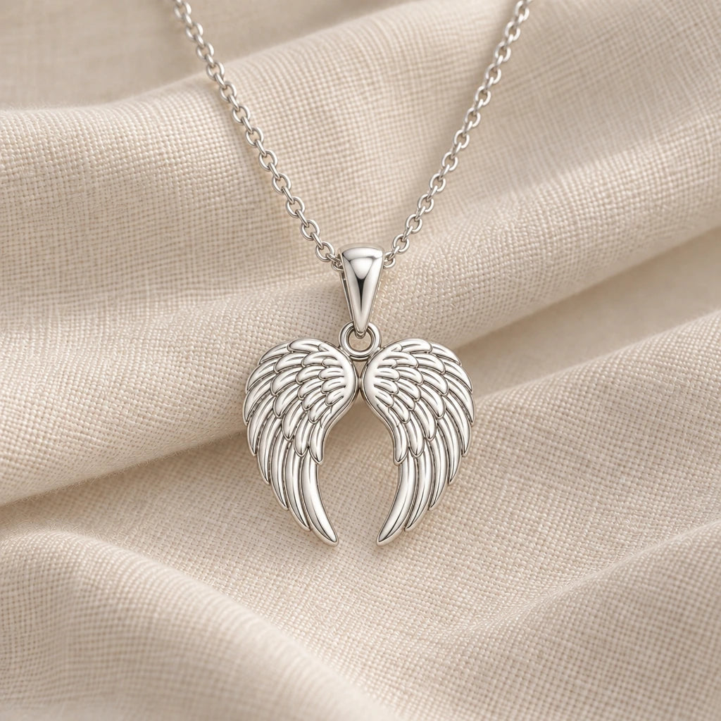 925 sterling silver angel wings pendant necklace on cream fabric