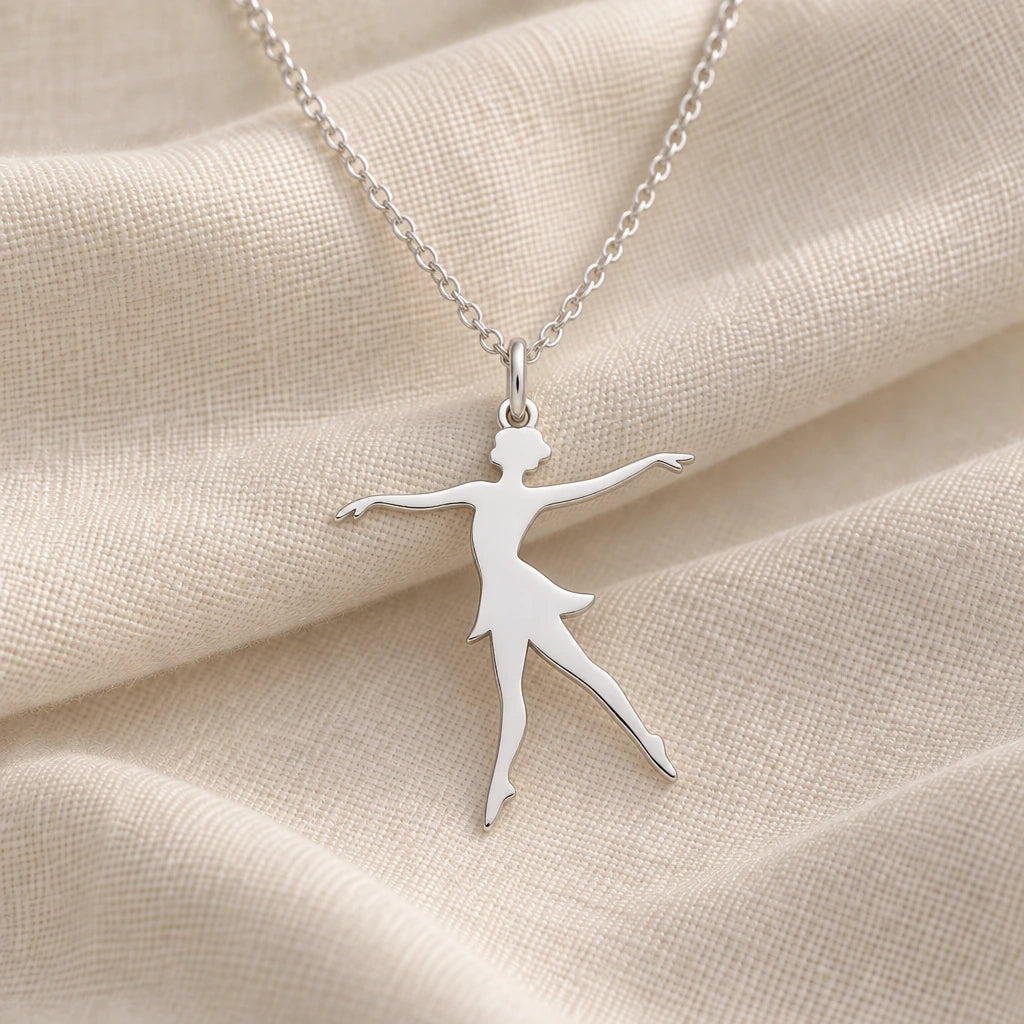 925 sterling silver ballet dancer lunge pendant necklace on cream fabric