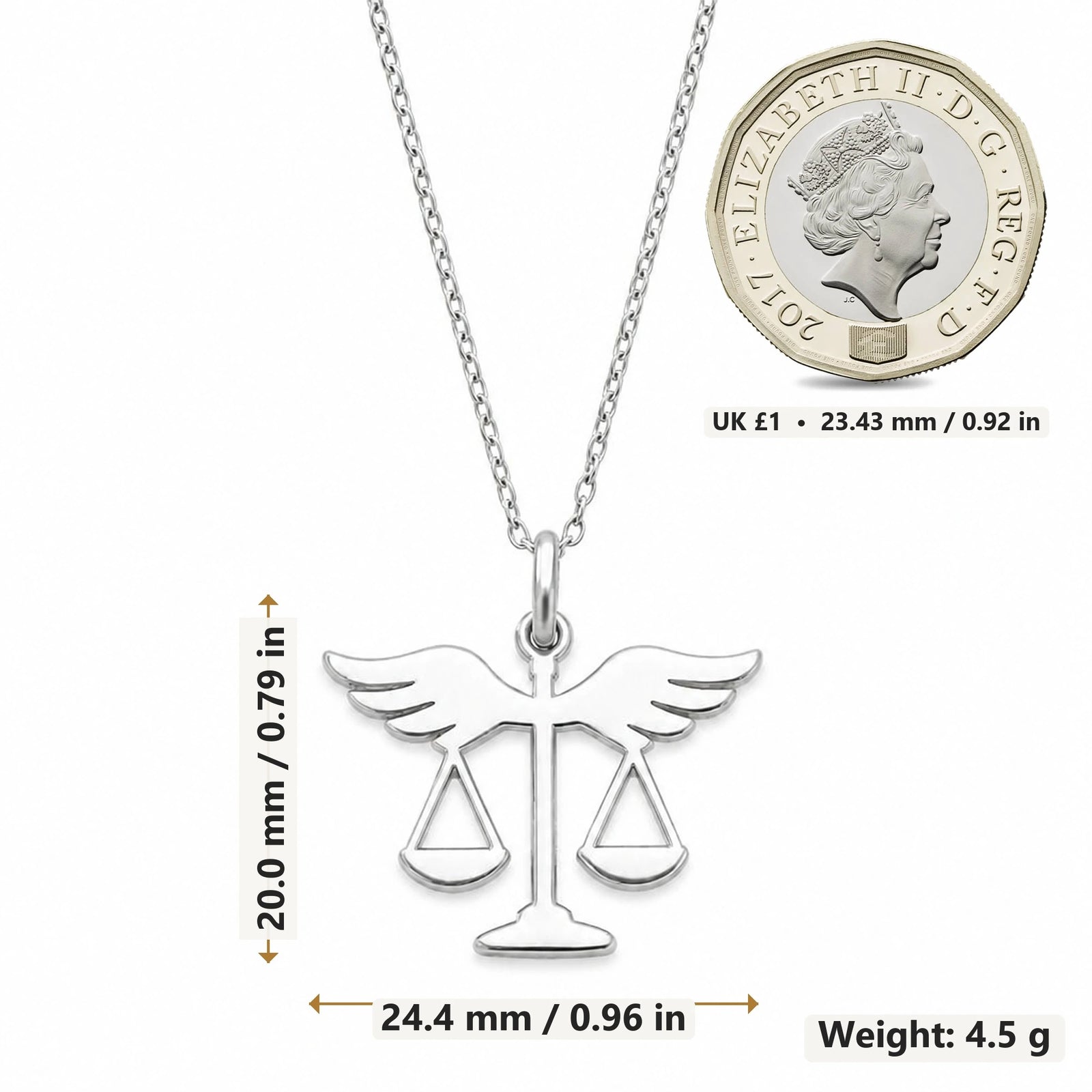 Winged Scales of Justice pendant necklace size image showing 20.0 mm height, 24.4 mm width and 4.5 g weight