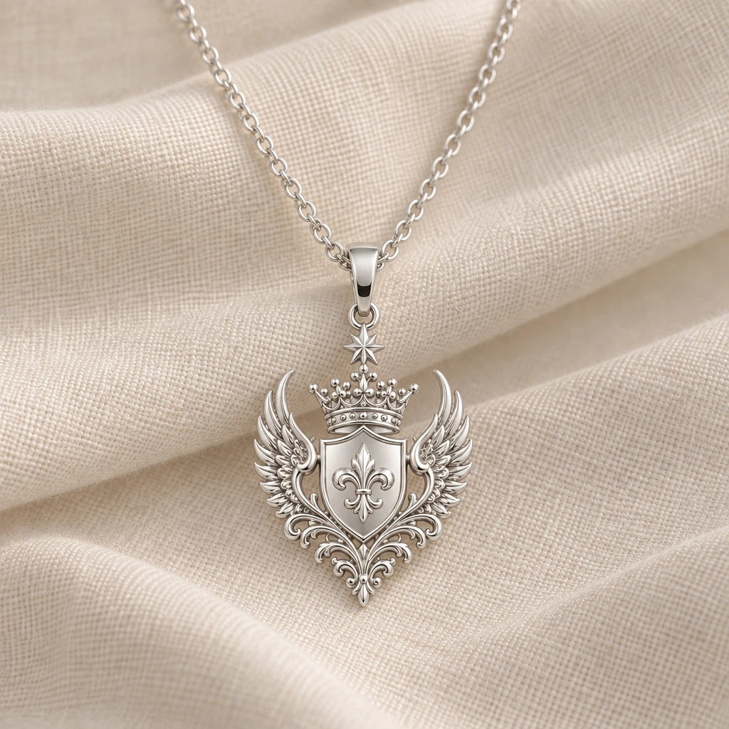 925 sterling silver queen seraph crest pendant necklace on cream fabric