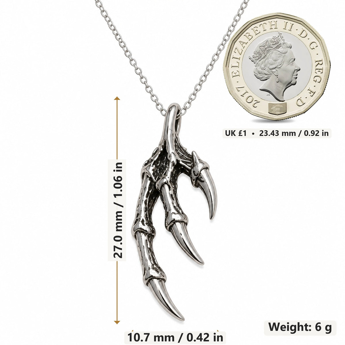 Dragon Claw pendant necklace size image showing 27.0 mm height, 10.7 mm width and 6 g weight