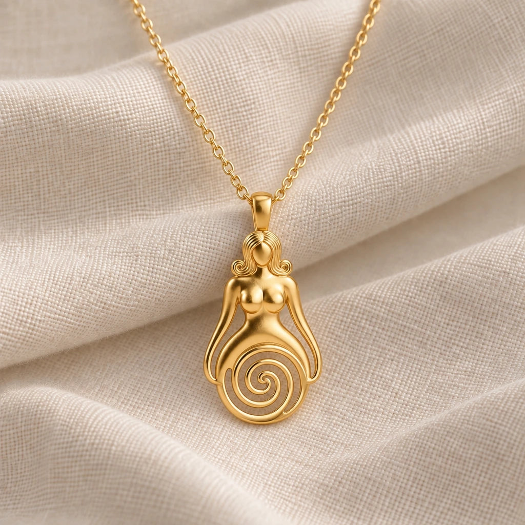 Spiral Goddess pendant necklace in an 18k gold plated finish