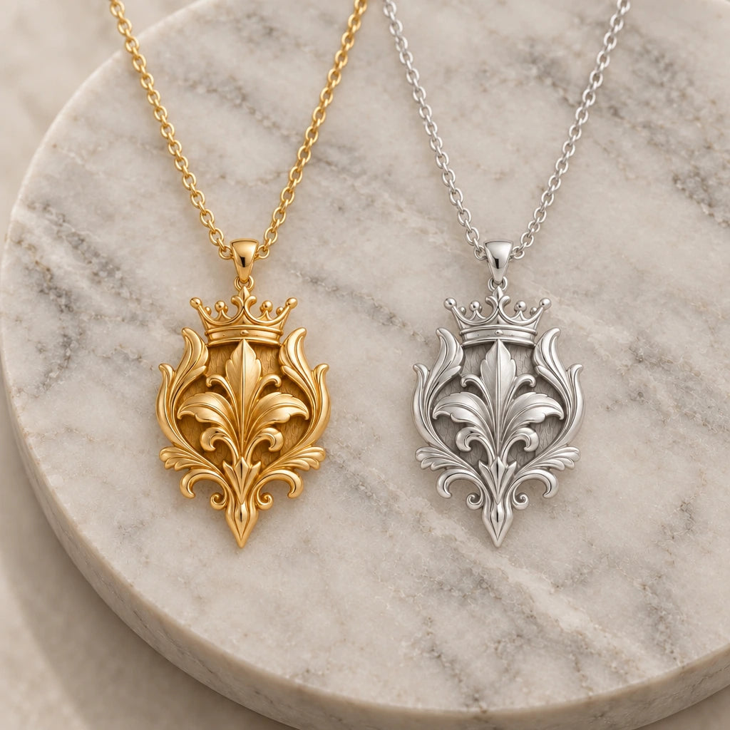 Royal Lily Crest pendant necklace in silver and gold finishes side by side