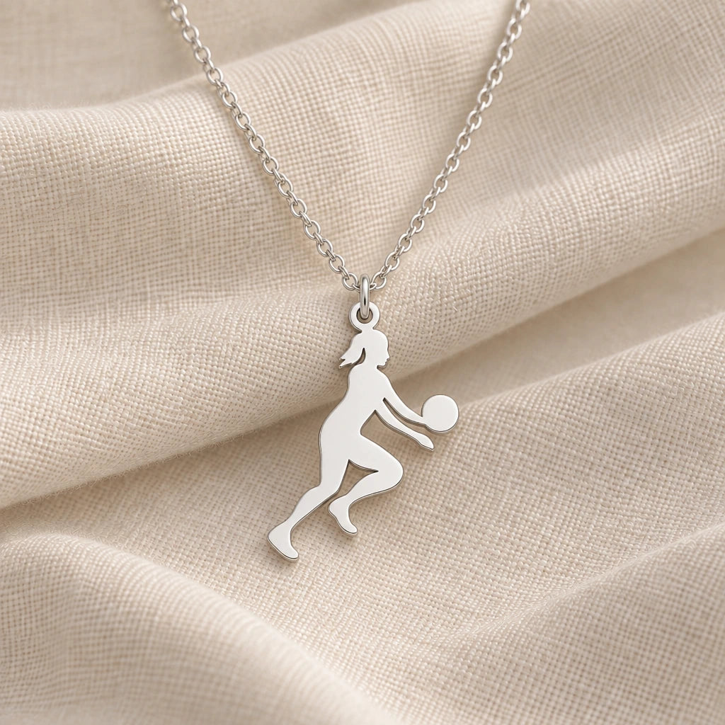 925 sterling silver volleyball player pendant necklace on cream fabric