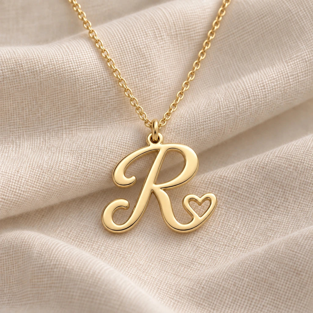 R Initial Heart pendant necklace in a warm gold finish on cream fabric