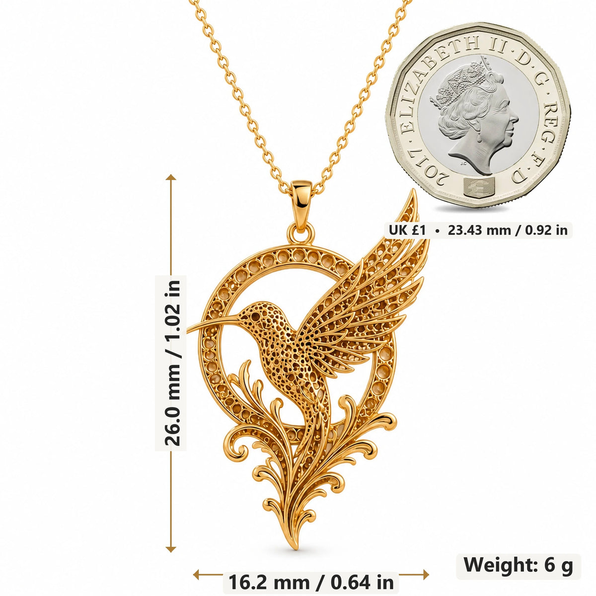 Fossil Hummingbird Halo pendant necklace size image showing 26.0 mm height, 16.2 mm width and 6 g weight