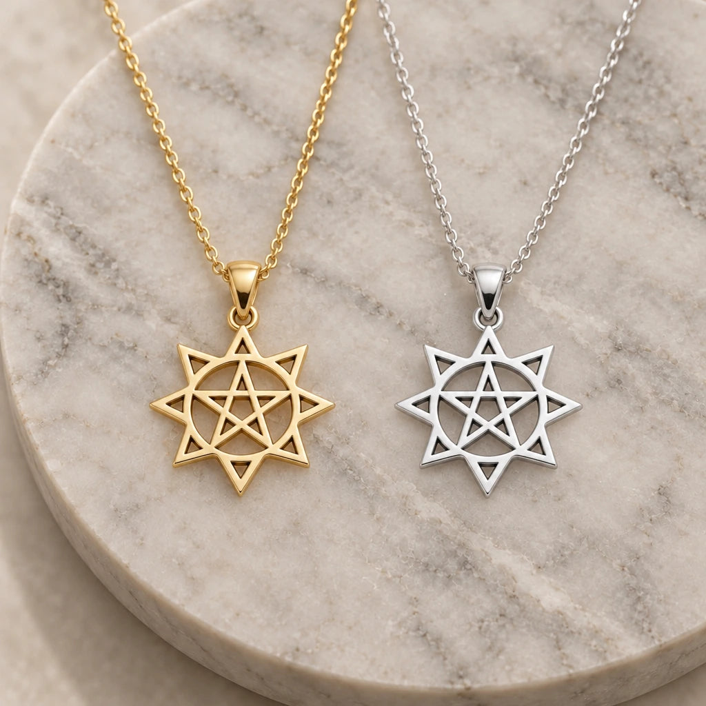 Pentagram Sun Star pendant necklace in silver and gold finishes side by side