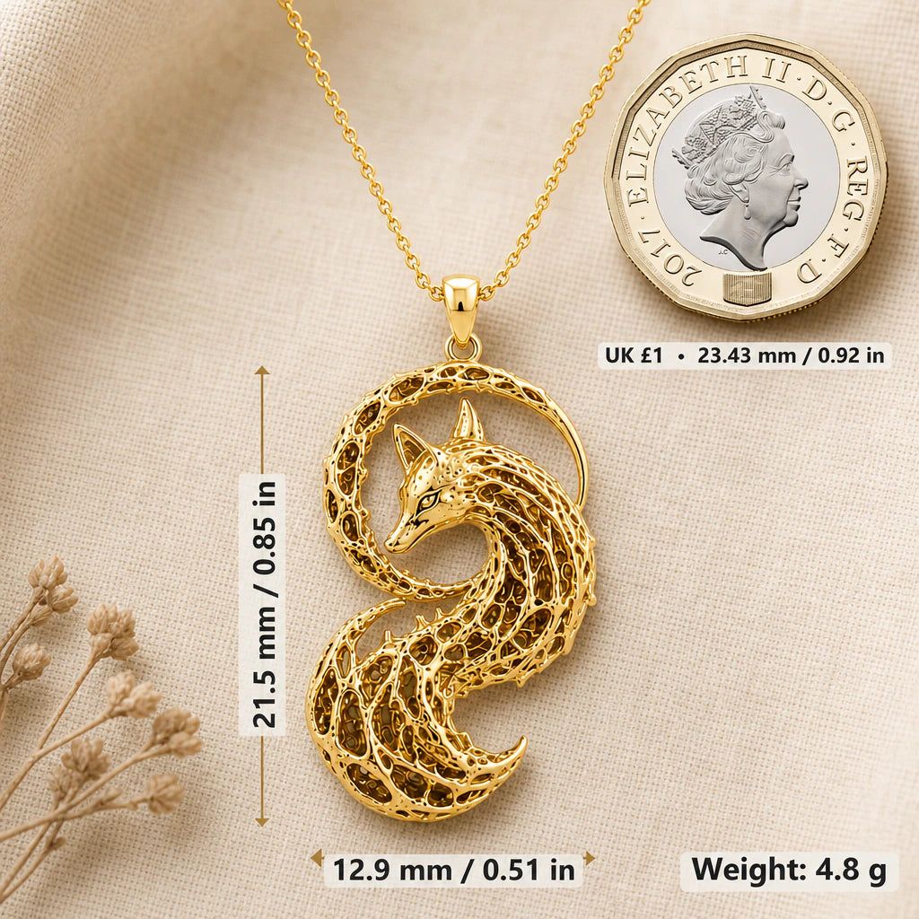 Fox fossil necklace size image showing 21.5 mm height, 12.9 mm width and 4.8 g weight beside a UK pound coin