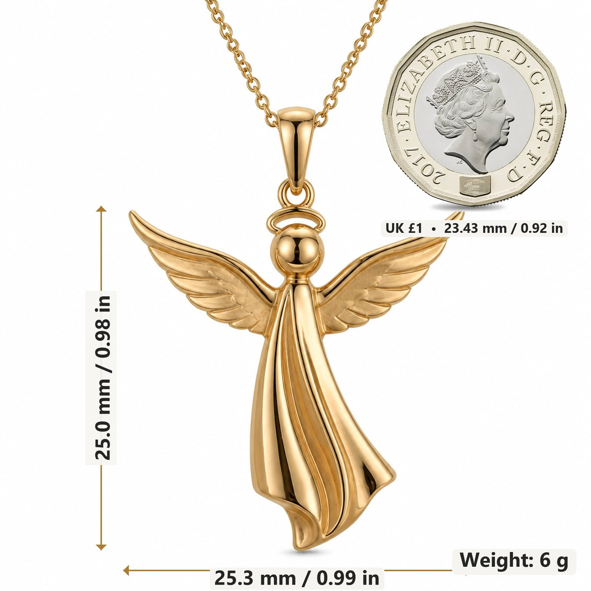 Sculpted Angel pendant necklace size image showing 25.0 mm height, 25.3 mm width and 6 g weight