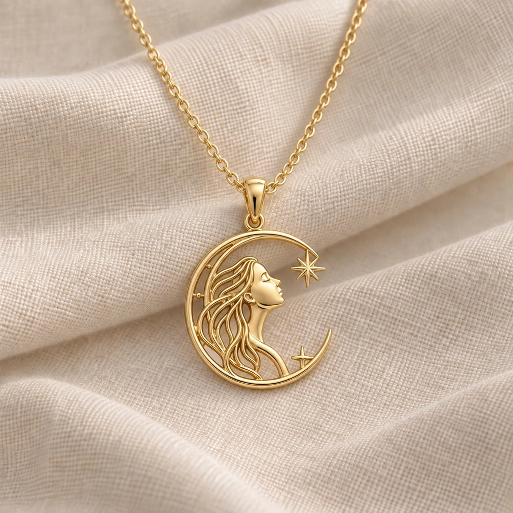 Celestial Woman Moon pendant necklace in an 18k gold plated finish