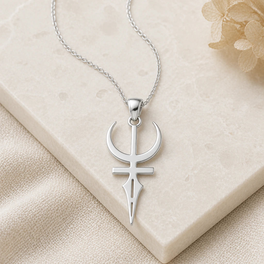 Close-up of silver feminine energy symbol pendant showing the sculpted detail