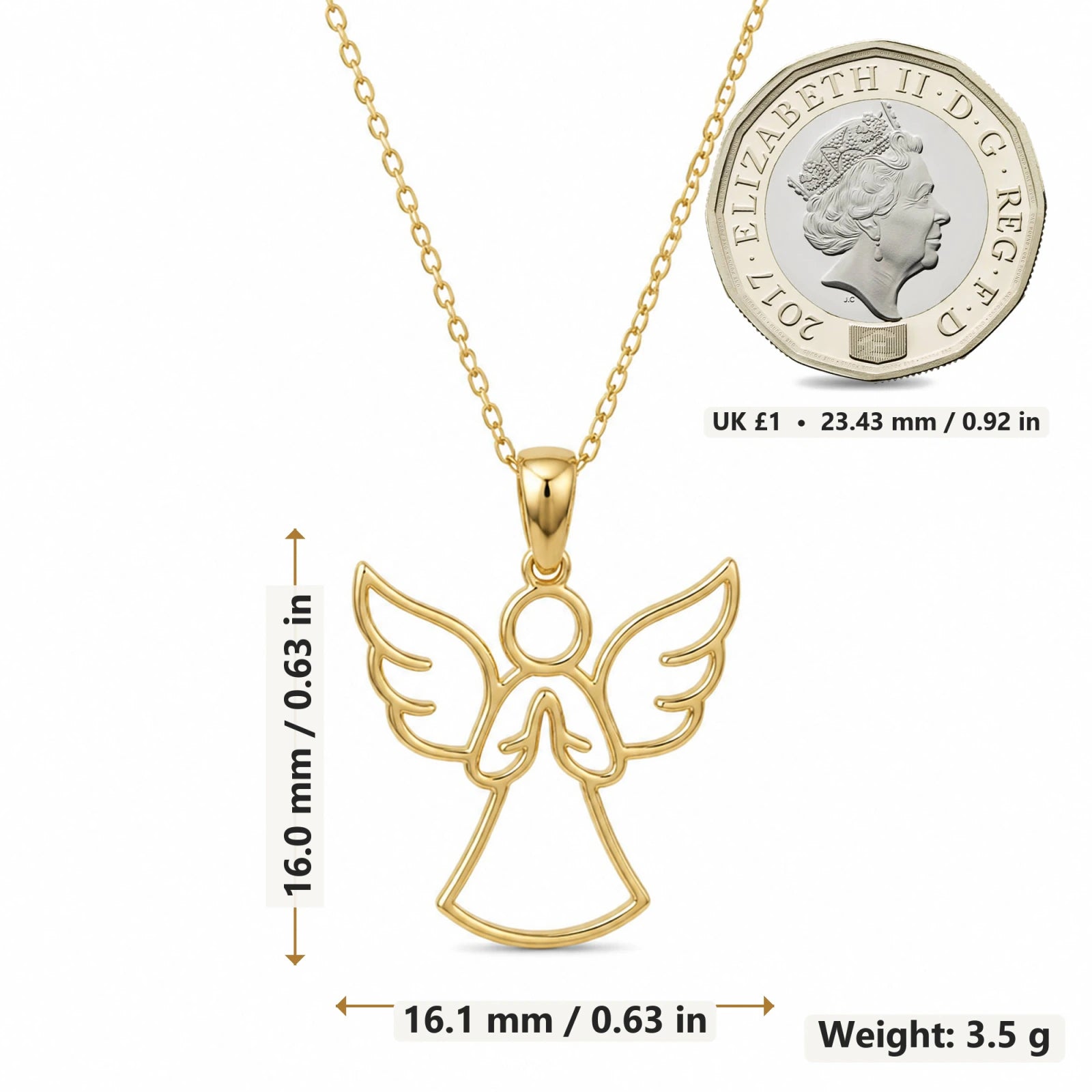 Guardian Angel pendant necklace size image showing 16 mm height and 16.1 mm width and 3.5 g weight