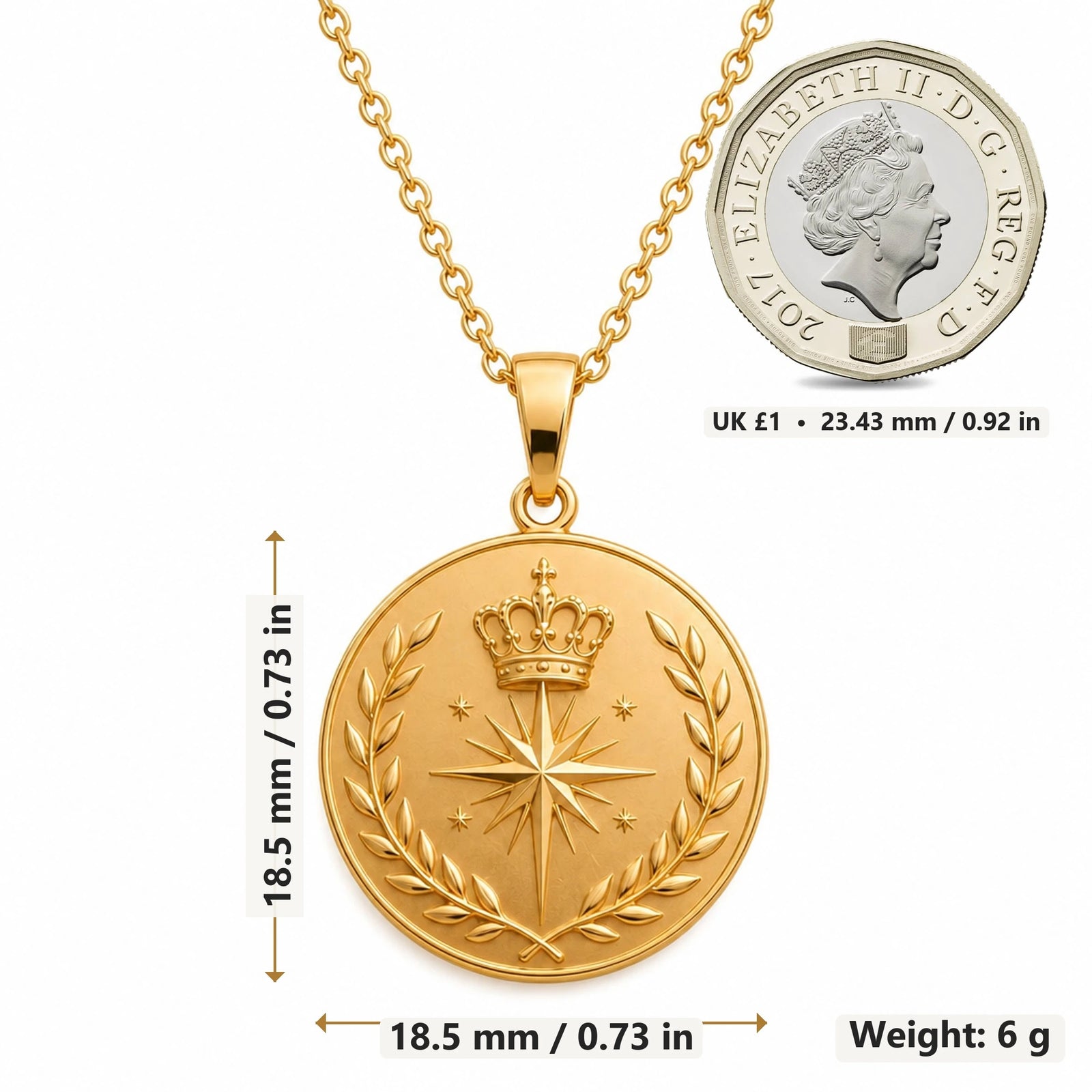 Crowned Compass Relic Disc pendant necklace size image showing 18.5 mm height, 18.5 mm width and 6 g weight