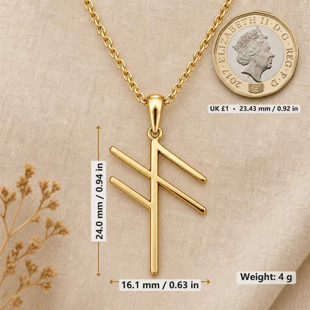 Viking Communication Rune Pendant Necklace size guide, 24 by 16.1 mm