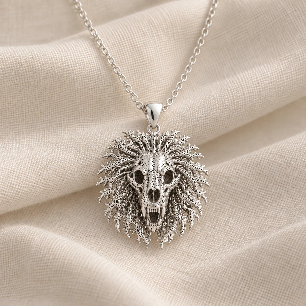 925 sterling silver ancient lion skull crest pendant necklace on cream fabric