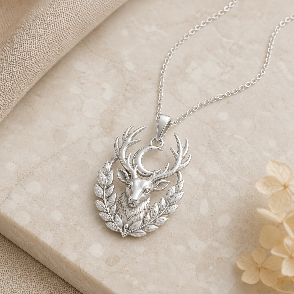 Close-up of silver moon stag pendant showing the sculpted detail