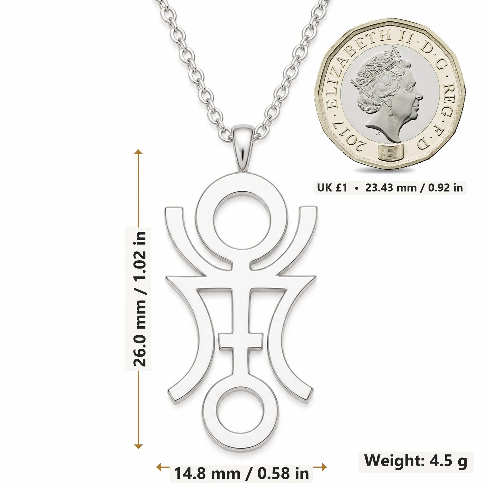Phaethon Asteroid Symbol pendant necklace size image showing 26.0 mm height, 14.8 mm width and 4.5 g weight
