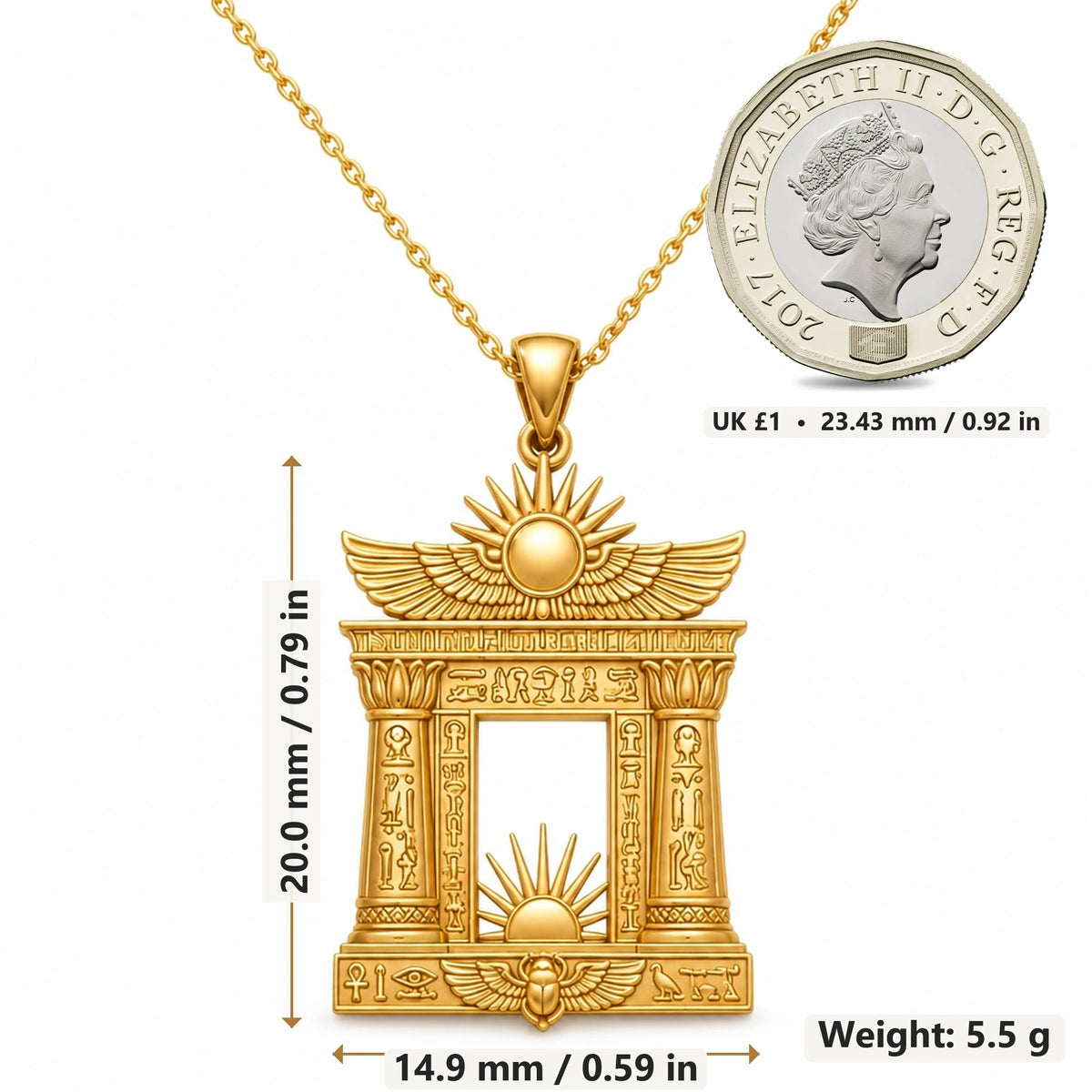 Egyptian Solar Gate pendant necklace size image showing 20.0 mm height, 14.9 mm width and 5.5 g weight