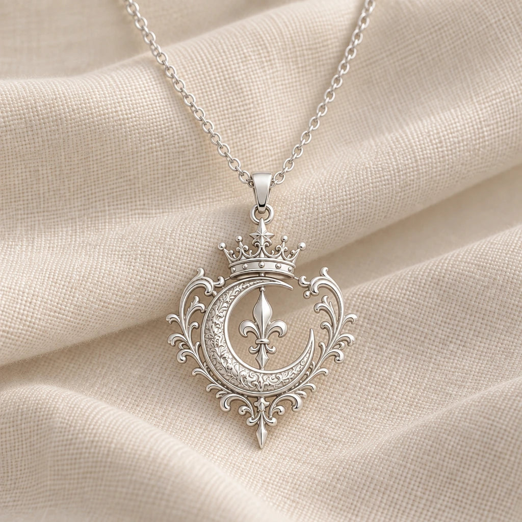 925 sterling silver regal moon crest pendant necklace on cream fabric