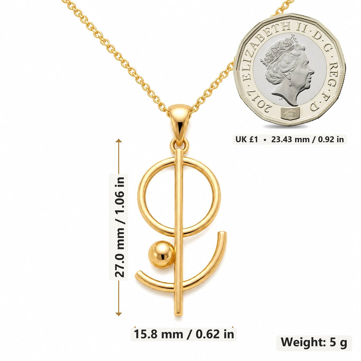 Floating Geometry pendant necklace size image showing 27.0 mm height, 15.8 mm width and 5 g weight