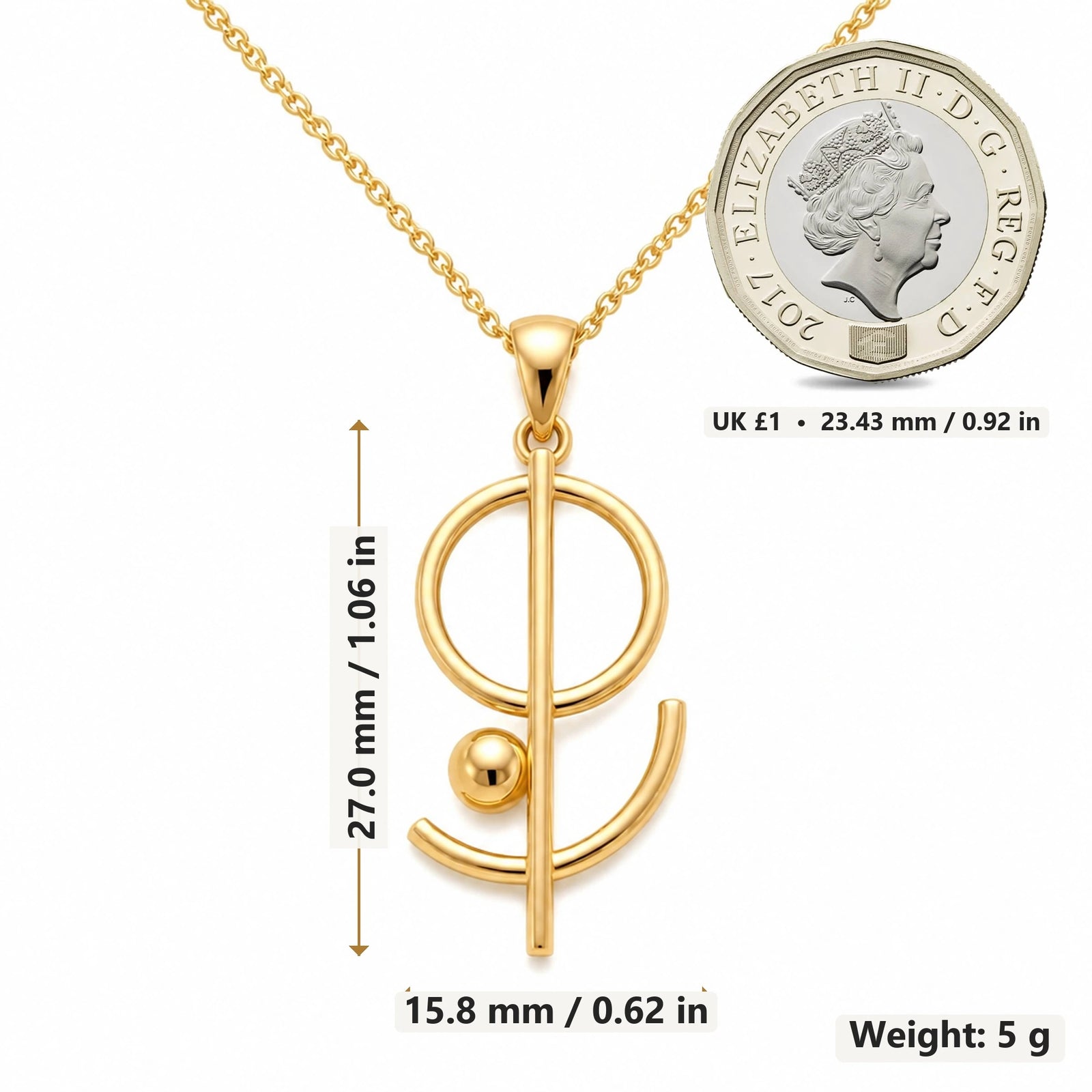 Floating Geometry pendant necklace size image showing 27.0 mm height, 15.8 mm width and 5 g weight