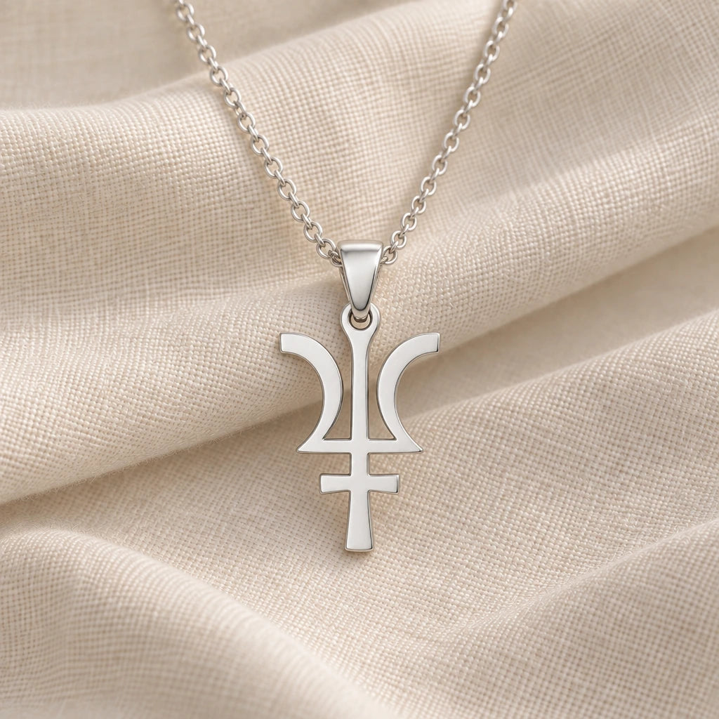 925 sterling silver neptune symbol pendant necklace on cream fabric