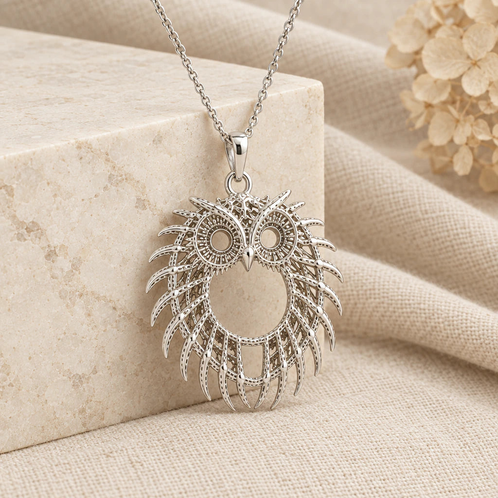 925 sterling silver fossil owl halo pendant necklace on softly folded cream linen