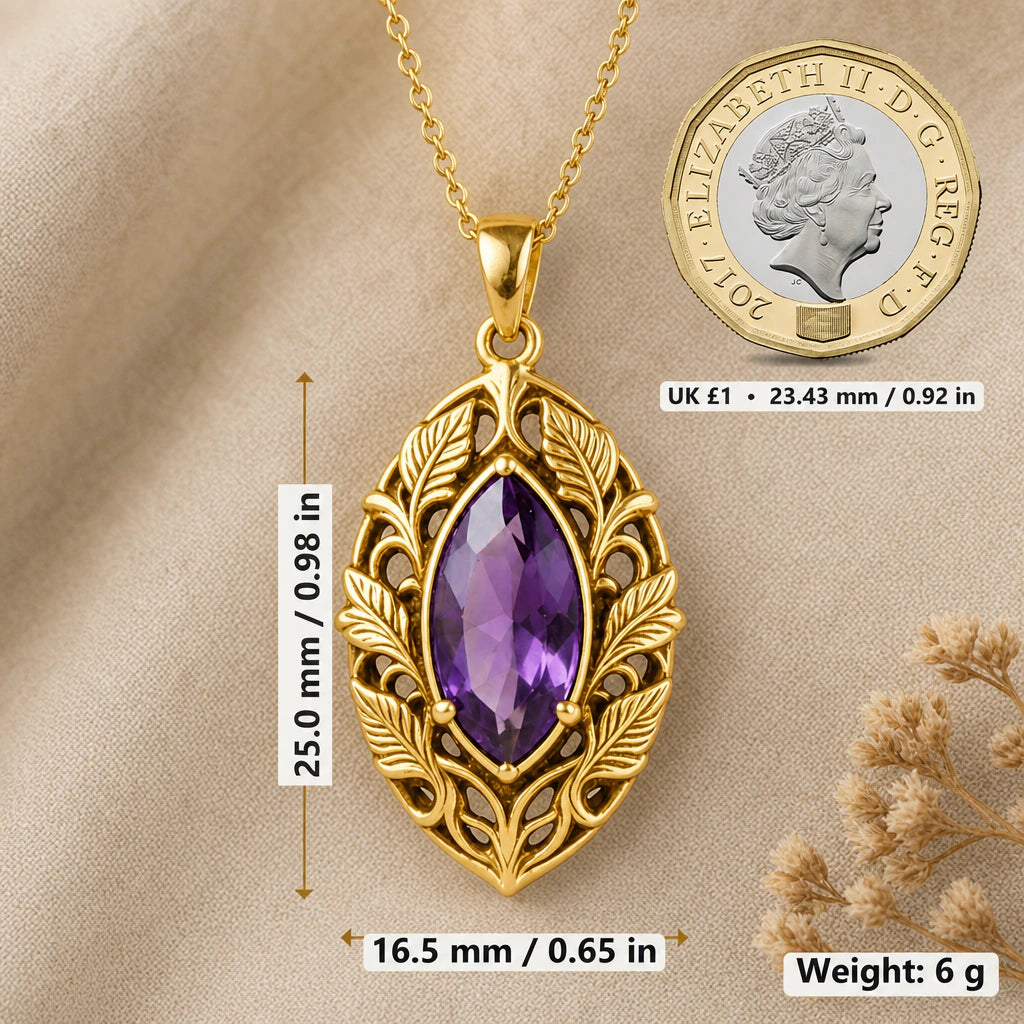 Elven Leaf Wreath Birthstone Pendant Necklace size guide, 25 by 16.5 mm