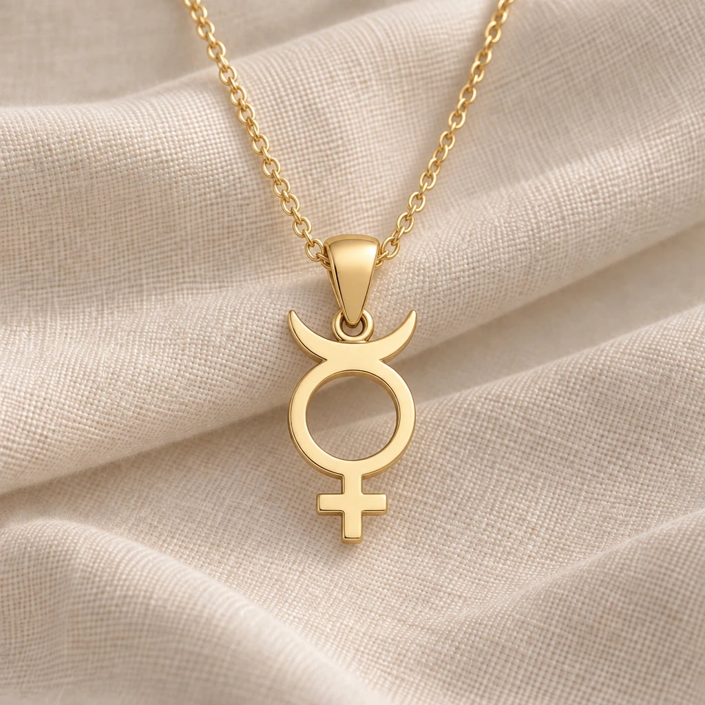 Mercury Symbol pendant necklace in an 18k gold plated finish