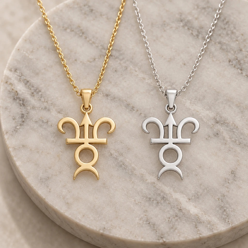 Varuna Asteroid Symbol pendant necklace in silver and gold finishes side by side